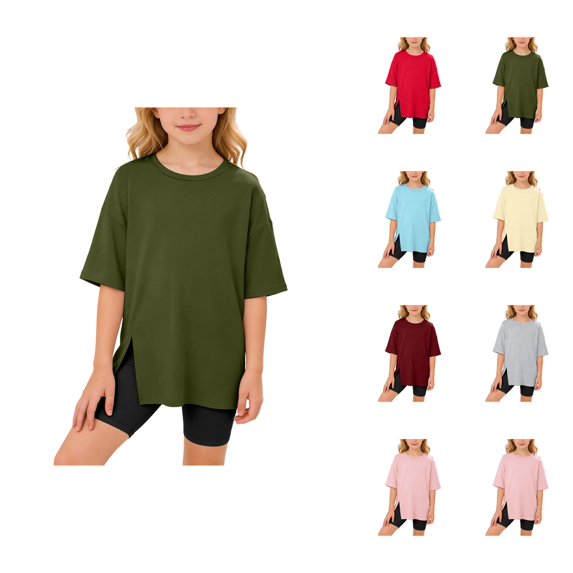 Girls Short Sleeve T Shirts Kids Summer Crewneck Curved Hem Tunic Tops Basic Tee