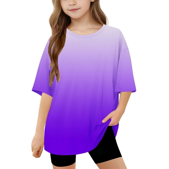 Girls Short Sleeve T Shirts Kids Summer Oversized Tops Gradient Print Casual Crewneck Basic Tees 5-15 Years