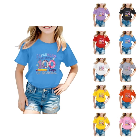 Girls Short Sleeve T-Shirts Kids Summer Tops Crewneck Basic Graphic Tees 5-14 Years, Casual Crewneck Top for School Season