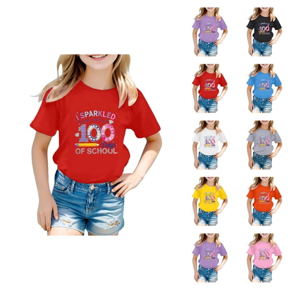 Girls Short Sleeve T-Shirts Kids Summer Tops Crewneck Basic Graphic Tees 5-14 Years, Casual Crewneck Top for School Season