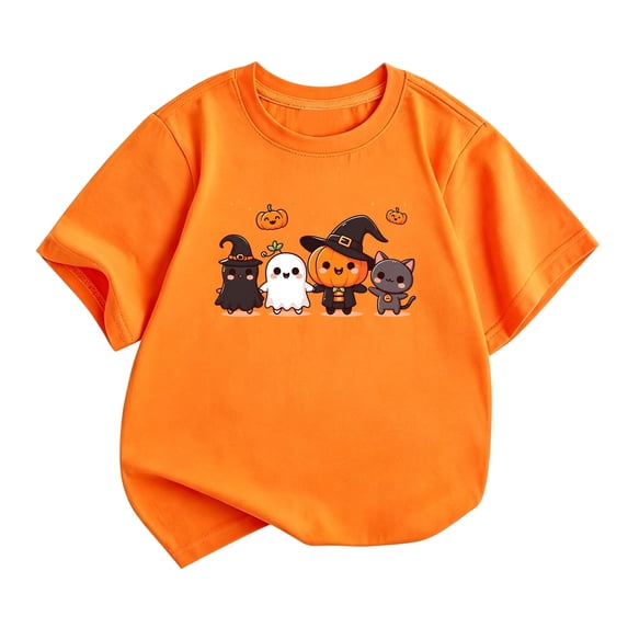 Girls Short Sleeve T Shirts Kids Summer Tops Crewneck Tees Halloween Shirt(B_Orange,11-12 Years)