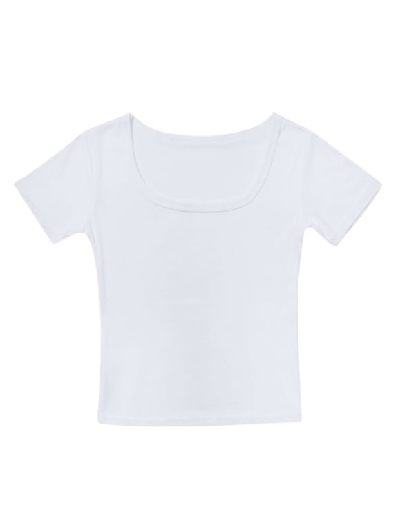 Girls Short Sleeve T-Shirts Low Scoop Neck Slim Fitted Crop Top Casual Basic Tee Girls Summer Tops Back to School Clothes