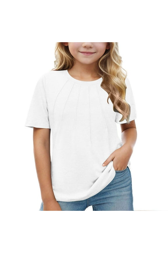 Girls Short Sleeve T Shirts V Neck Summer Casual Tops Unisex Child Cotton Plain Basic Tshirts (13 Years, White)