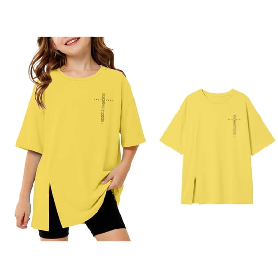 Girls Short Sleeve T Shirts Yellow Oversized Crew Neck Side Split Tops Loose Fit Casual Basic Summer Tees 9-10 Years