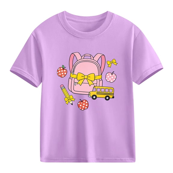Girls Short Sleeve Top 100% Cotton Kids T-Shirt Back to School Purple Graphic Tee with Cute School Bus Print,Size 4 T