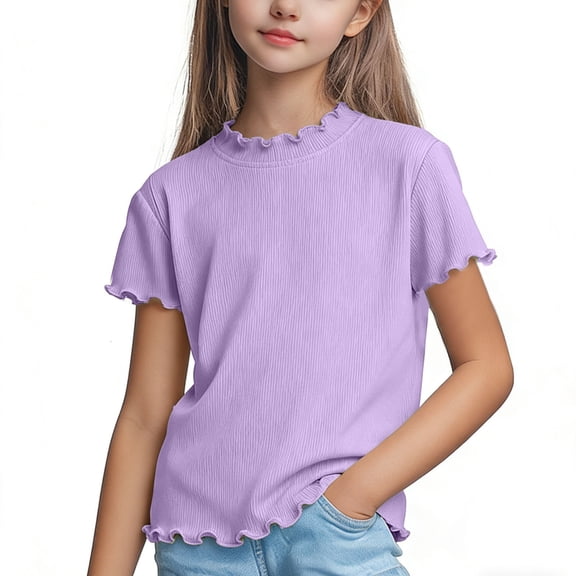 Girls Short Sleeve Top with Scalloped Neckline | Ribbed Knit Casual T-Shirt for Kids Kids 2T-12 | Soft Everyday Play Tee (Purple),Size 3-4T