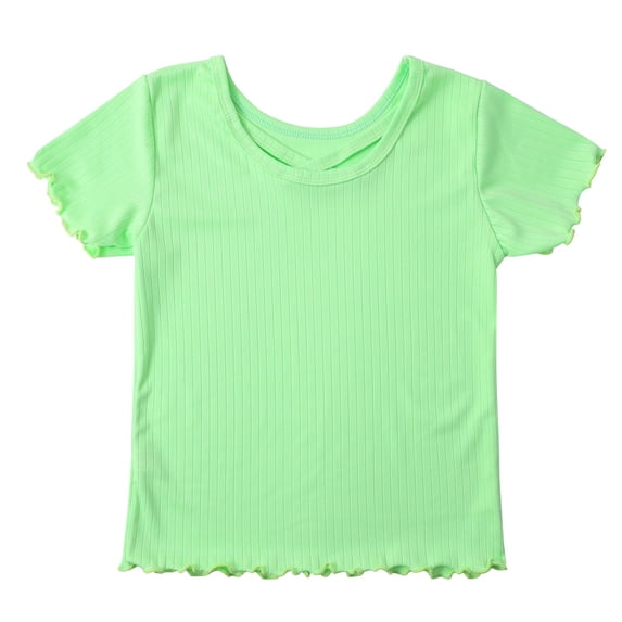 Girls Short Sleeve Tops Ribbed Knit Crew Neck Shirts Lettuce Trim T Shirts Basic Solid Tees Casual Slim Fit Summer Shirt