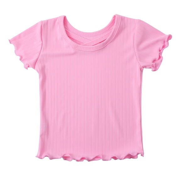 Girls Short Sleeve Tops Ribbed Knit Crew Neck Shirts Lettuce Trim T Shirts Basic Solid Tees Casual Slim Fit Summer Shirt