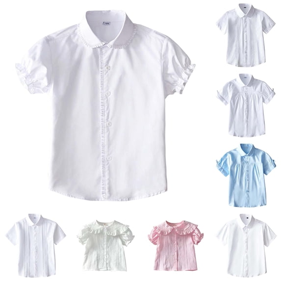Girls Short Sleeve White Button Down Dress Shirts Kids Summer Short Sleeve Shirts for School Uniform Blouse Wedding Party Size 11-12 Years