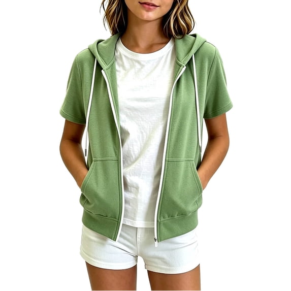 Girls Short Sleeve Zip Up Hoodie Jacket, Casual Solid Color Lightweight Hooded Cardigan with Pockets, Soft Summer Outerwear for Vacation, Camping Green 170