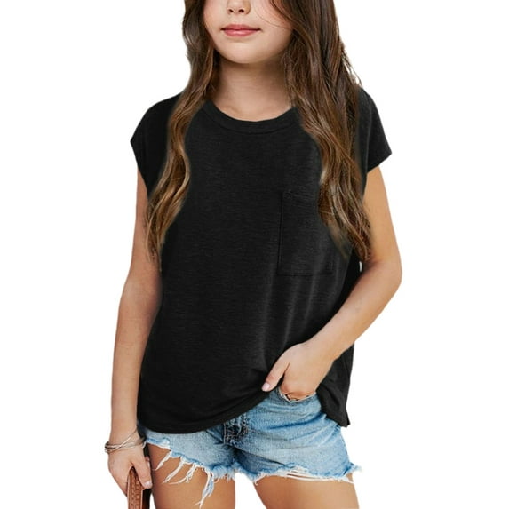 Girls Short Sleeved Round Neck Casual T-Shirt Kids Children Summer Tops With Pocket