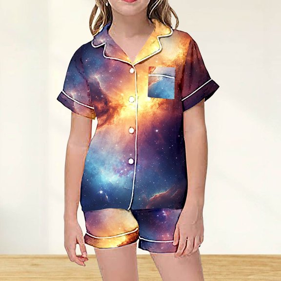 Girls' Short Sleeved Shorts Pajama Set with Star Elment Print for Children Size 3-4 Years