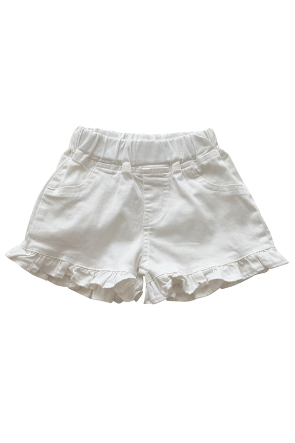 Girls' Shorts, Girl's Denim Shorts Ripped Ruffle Summer Casual Shorty Shorts with Pockets Elastic Waist for 2-11Y, Distressed Style.