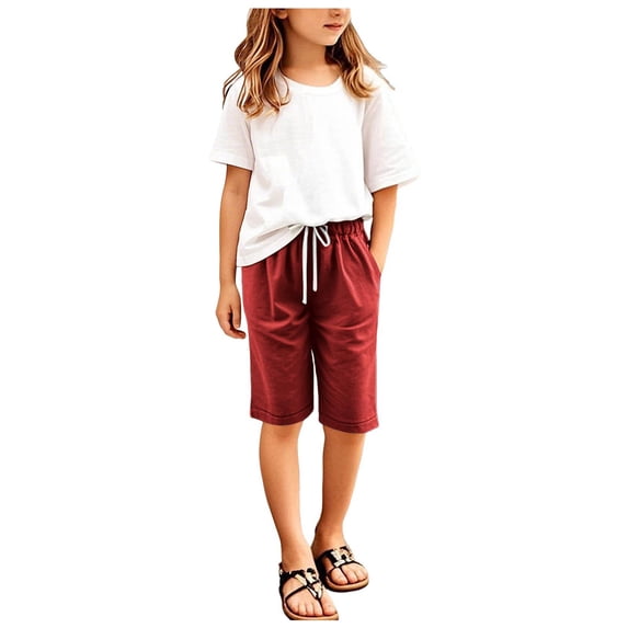 Girls Shorts Knee Length High Waisted Summer Shorts Comfy Drawstring Short Pants With Pockets
