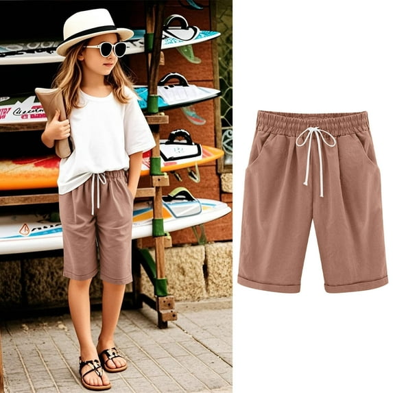 Girls Shorts Knee Length Summer Casual Bermuda Long Shorts High Waisted Drawstring Short Pants with Pockets Size 3-13