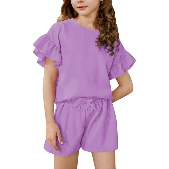Girls Shorts Set With Ruffle Top Solid Summer 2 Piece Short Sleeve Comfy Playwear Outfits, Girls Casual Sets Age 4-15 (6-7 Years)