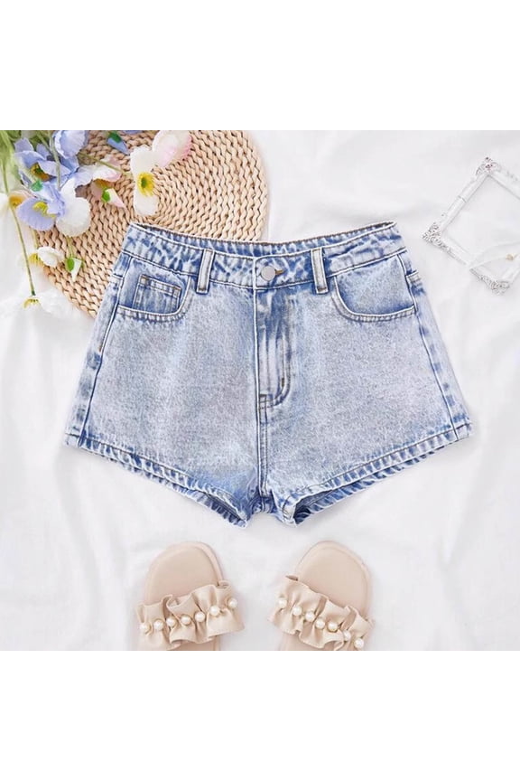 Girls Shorts Size 10-12 Girl's Ripped Raw Hem Elastic Waist Straight Leg Denim Shorts with Pockets