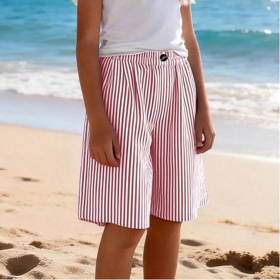 Girls Shorts Size 10-12 for School Striped Lightweight Pants Summer Stretch Elastic Waist Bermuda Shorts 4-13 Years Red 150