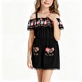 thumbnail image 1 of Girls' Off Shoulder Embroidered Floral Romper Shorts with lace trim, suited for beach trips, daily casual wear and holiday outdoor activities, 3-11 Years Black 5-6 Years, 1 of 8
