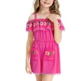 thumbnail image 1 of Girls' Off Shoulder Embroidered Floral Romper Shorts with lace trim, suited for beach trips, daily casual wear and holiday outdoor activities, 3-11 Years Hot Pink 7-8 Years, 1 of 4