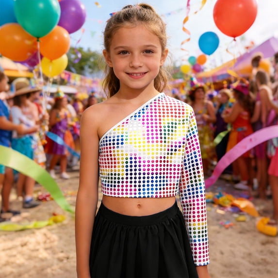 Girls Off Shoulder Long Sleeve Top With Polka Print And Cropped Fit Fashion Casual Tee Shirt For Loose Fit Shirts Tees Tops Girls Boys ,Multicolour,9-10 Years
