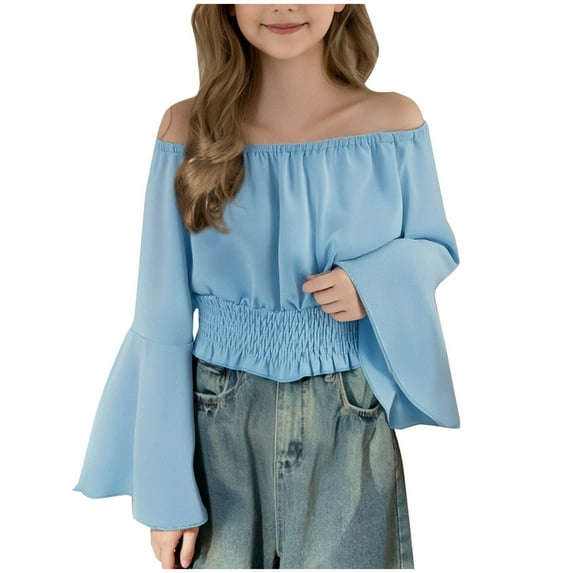 Girls Off Shoulder Shirt Long Sleeve Bell Sleeves Cotton Tshirt Chiffon Elegant Party Wear Tops Strapless Blouse Fashion Spring Fall Shirt for Kids 5-15 Years