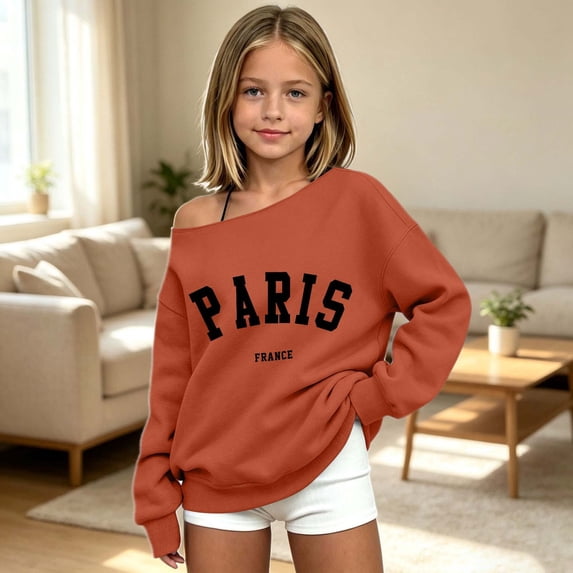 Girls Off Shoulder Sweatshirts Trendy PARIS Letter Graphic Casual Sweater Long Sleeve Loose Fit Pullover Tops Soft Relaxed Fall Winter Daily Wear Outfits