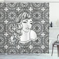 thumbnail image 1 of Girls Shower Curtain, Face of a Young Lady with Wavy Hair on Boho Style Intricate Floral Background, Fabric Bathroom Set with Hooks, 69W X 84L Inches Extra Long, Black and White, by Ambesonne, 1 of 3