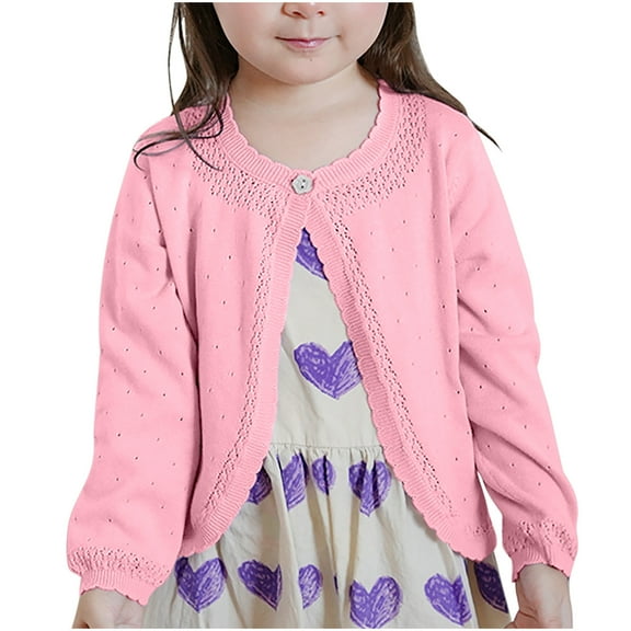 Girls Shrug Cardigan Size 4 Fall Long Sleeve Hollow Open Front Knitted Boleros Shawl Relaxed Lightweight Shrugs for Dresses, Pink, 4 Years