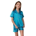 thumbnail image 1 of Girls Silk Pajama Set Short Sleeve Satin Button Down Sleepwear 2 Piece Solid Color Loungewear Outfits Sky Blue 11-12 Years, 1 of 5