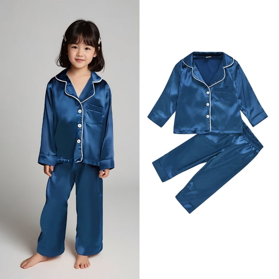 Girls Silk Pajamas Blue Pajamas Short Sleeve Button Down Shirts Comfy Toddler Kids Matching Pajamas 2-3 Years