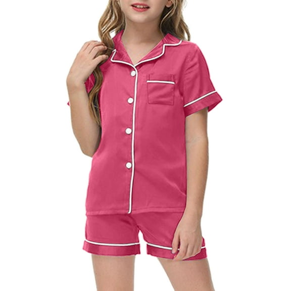 Girls Silk Pajamas Coat Style Girls Pajama Set Button-Up Toddler Girl Sleepwear Girl Pajamas Size 6-7