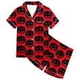 thumbnail image 1 of Girls Silk Pajamas Halloween Pumpkin Bat Cat Print Satin Pajama Set Short Sleeve Top and Shorts 2 Piece Sleepwear Outfit Theme Party Wear Newborn Pajamas Watermelon Red 2 Years-3 Years, 1 of 4