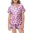 thumbnail image 1 of Girls Silk Pajamas Matching Valentines Day Pajamas Short Sleeve Heart Button Down Loungewear Girl Pajamas Size 4-5 Years, 1 of 4