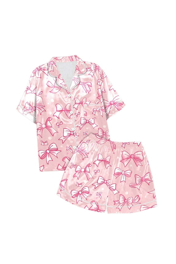 Girls Silk Pajamas Set,Bow Silk Sleepwear Set Button Down Sleepwear Set 2 PC Classic Pajamas Set Preppy Pajamas for Girls 6-7 Years