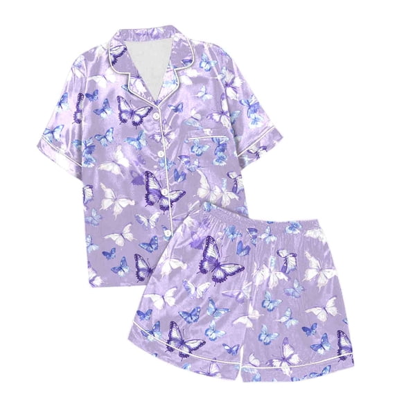 Girls Silk Pajamas Set,Butterfly Print Pajama Set Button Down Tops Set 2 Piece Girls' Fashion Pajamas Set Girls Pjs Size 4-5 Years