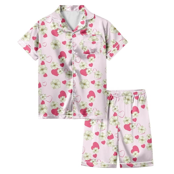 Girls Silk Pajamas Set Button Down Cartoon Print Short Sleeve Pjs Loose Sleepwear Set 2 Piece Summer Pajama Outfits Pink,140