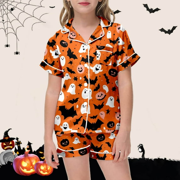 Girls Silk Pajamas Set Button Down Solid Tops T Shirt Set Toddler Sleepwears Halloween prints Girls Christmas Pjs 4T