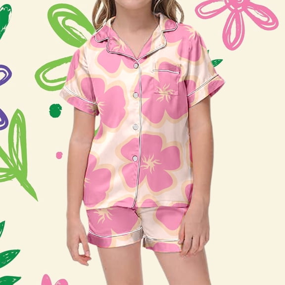 Girls Silk Pajamas Set Floral Print Short Sleeve Pjs Button Down Comfortable Sleepwear Set 2 Piece Summer Loungewear Nightwear Outfits Hot Pink,140