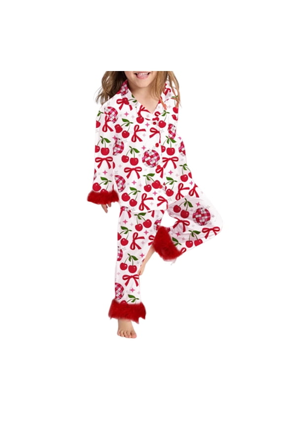 Girls Silk Pajamas Set Satin Button-Down Cartoon Print Long Sleeve Comfortable Home Clothes 2 Piece Satin Pajama Sets Red,5-6 Years