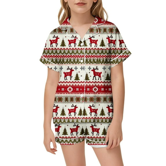 Girls Silk Pajamas Set Satin Cute Cozy Soft Santa Claus Pattern Button-Down Short Sleeves Lapel Loungewear 2 Piece Pjs Shorts Set Nightwear Clothes Christmas Gifts for Kids