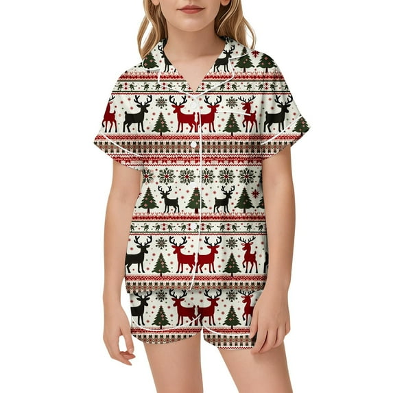 Girls Silk Pajamas Set Satin Cute Cozy Soft Santa Claus Pattern Button-Down Short Sleeves Lapel Loungewear 2 Piece Pjs Shorts Set Nightwear Clothes Christmas Gifts for Kids