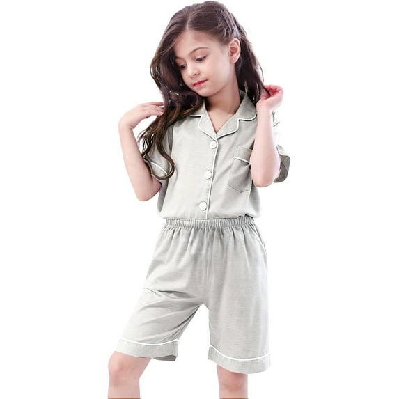 Girls Silk Pajamas Set Satin Cute Cozy Soft Solid Color Button-Down Short Sleeves Lapel Loungewear 3 Piece Pjs Shorts + Trousers Set Nightwear Christmas Gifts for Kids
