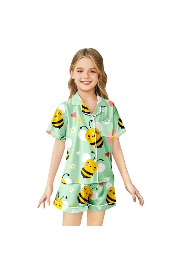 Girls Silk Pajamas Set Sequin Printed Kids Button Down Pajamas Set Girls' Fashion Pajamas Set Girls Pajama Sets Size 8-9 Years Summer&nbsp;Clothes