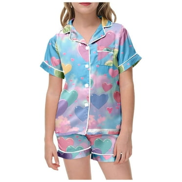 Girls Silk Pajamas Set Valentine's Day Pjs Heart Print Button Down Short Sleeve Shirts and Shorts Nightwear Set Funny Sleepwear Set 2 Piece Pjs for Girls Kids Light Blue,3-4 Years