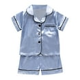 thumbnail image 1 of Girls Silk Pajamas Sets Solid Color Short Sleeves Button Down Shirt Shorts 2 Piece Sleepwear Outfits Blue 12-24 Months, 1 of 3