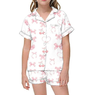 Girls Silk Pajamas Size 10-12 Button-Up Short Sleeve Loungewear Clothes Set Comfy Cartoon Print Girls' Sleepwear 2 Piece Summer Loungewear Nightwear Outfits 12-13 Years