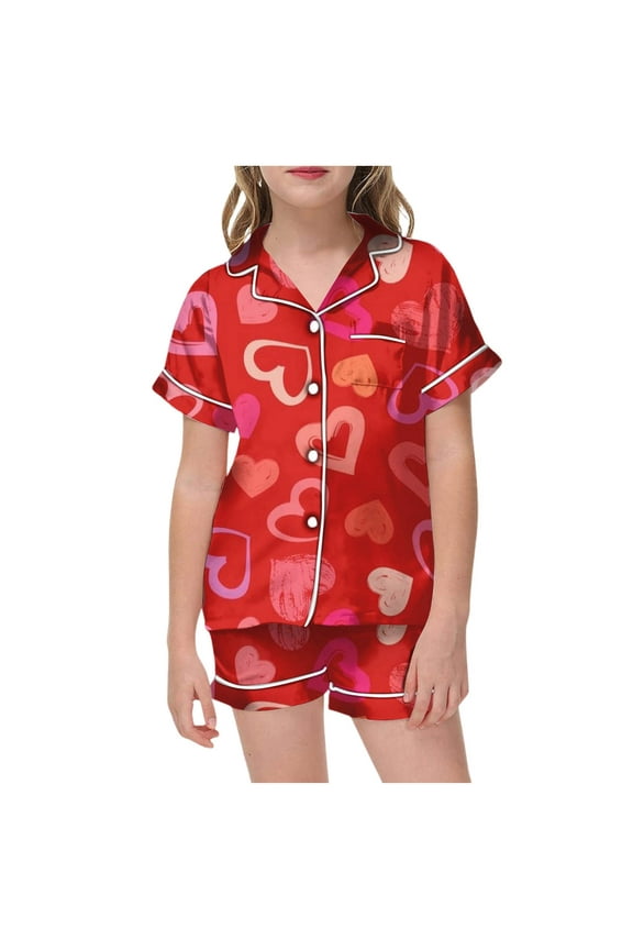 Girls Silk Pajamas Size 10-12 Fashion Button Down Short Set Sleepwear for Children Shirt and Pant Matching Valentine's Day Pjs Heart Print Sleepwear Set 2 Piece Summer Pajama Outfits