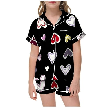 Girls Silk Pajamas Size 10-12 Valentine's Day Pjs Heart Print Loose Button Down Short Sleeve Pjs Silk Tops and Shorts Children Loungewear 2 Piece Satin Pajama Sets