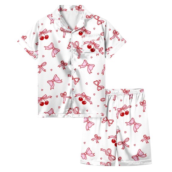 Girls Silk Pajamas Size 10 Button-Up Short Sleeve & Short Pants Outfit Comfortable Cute Bow Print Sleepwear Set Pink,140